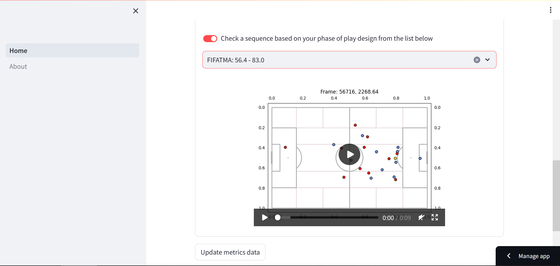 Screenshot of the web app showing a sequence selected and a video of the tracking data