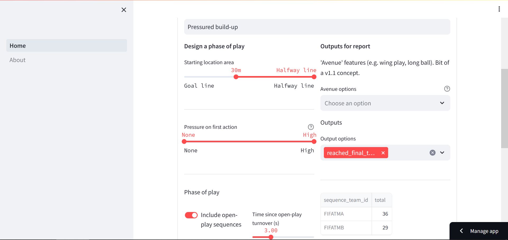 Screenshot of the webapp, with a start location for phase of play, pressure on first action indicator, time since open play turnovers option, and interfaces for sequence avenues and outcomes